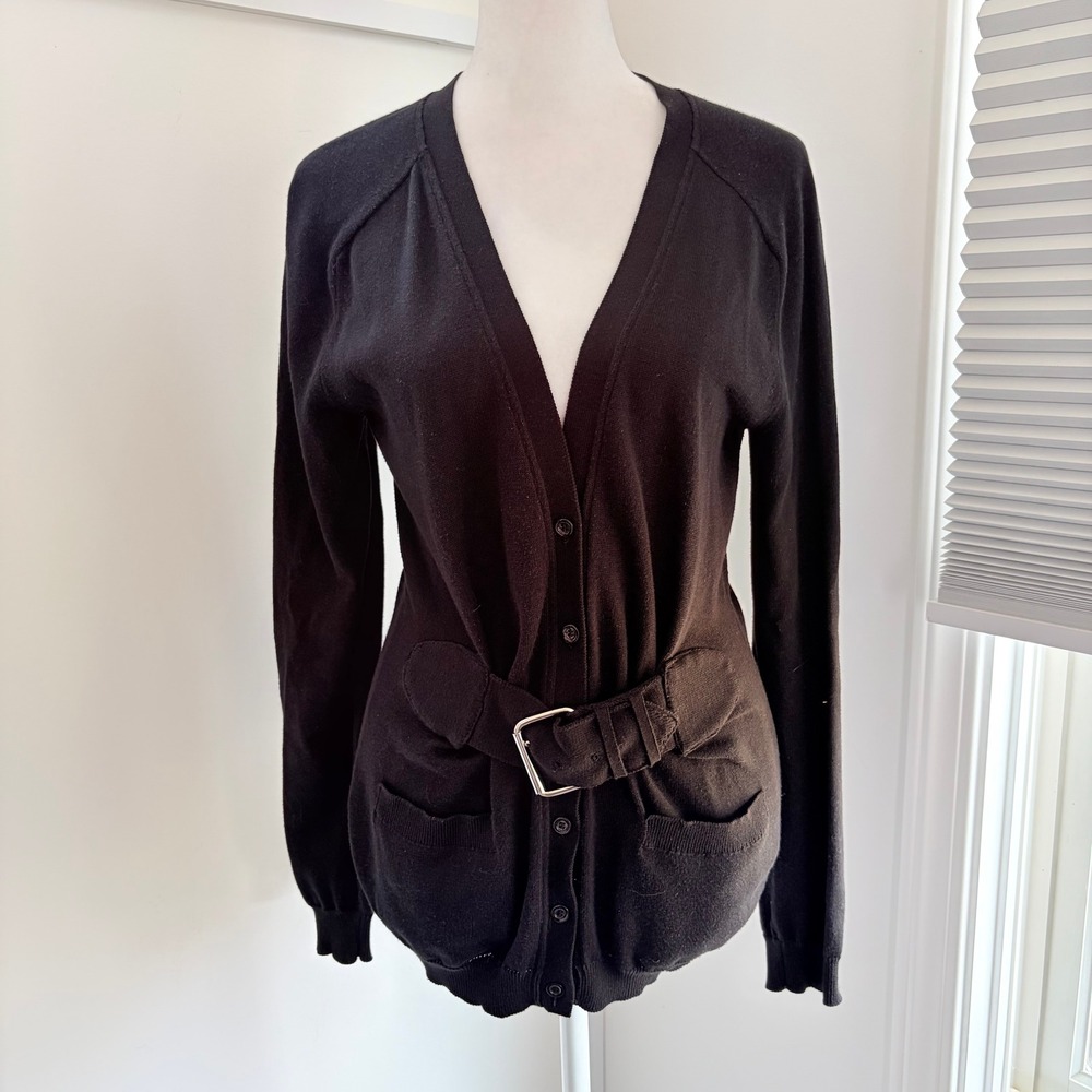 Moschino Cardigan Sz 8 Black Cotton Silk Belted Button Front Knit Luxury Sweater